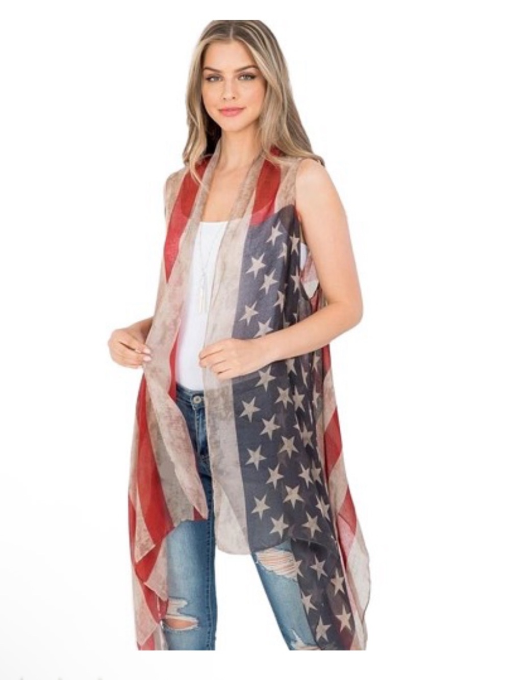 Advance Apparels Distressed Red, White & Blue American Flag Sheer Vest